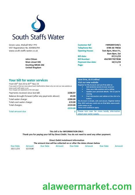 United Kingdom South Staffs Water water  utility bill Word and PDF formats, version 2